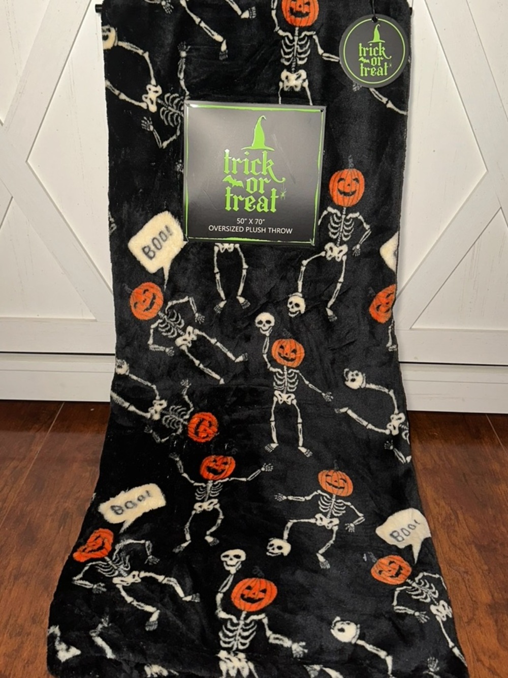 Trick or Treat Skeleton & Pumpkin ‘BOO’ Halloween Plush Throw Blanket
